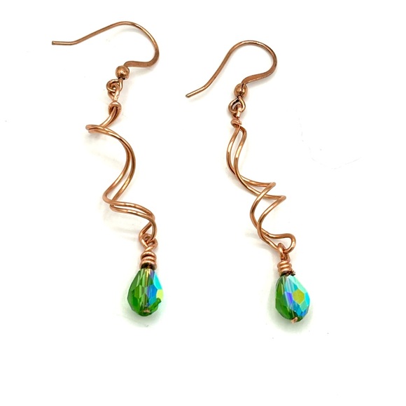 Hand Crafted Copper Twist Green Crystal Drop Earrings - Picture 4 of 8